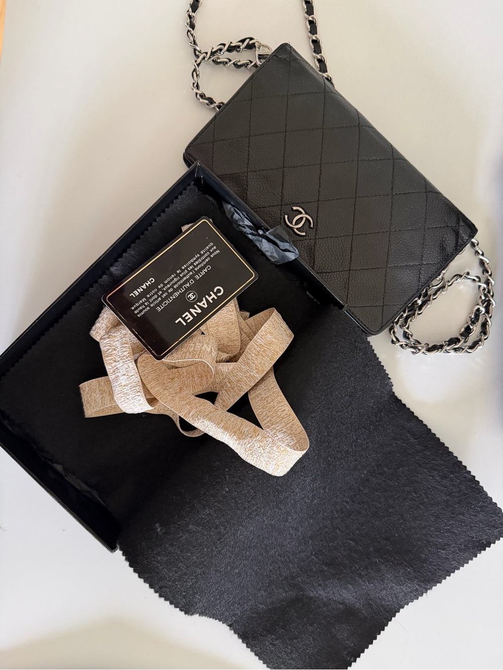 CHANEL Black Quilted Caviar Leather Long Wallet on Chain Crossbody